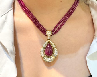 22.41 Carat Cabochon Cut Ruby and Diamond Pendant with Ruby Bead Necklace in 18K Gold