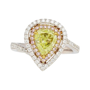 GIA Certified 1.25 Carat Pear Cut Fancy Green Yellow Diamond Ring, 18K Tri-Colored Gold Double Diamond Halo Fancy Color Bypass Diamond Ring