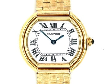Vintage Cartier Paris Manual Wind 32MM Wide Case 18K Yellow Gold Ladies Watch with Lucien Piccard 14K Gold Bracelet