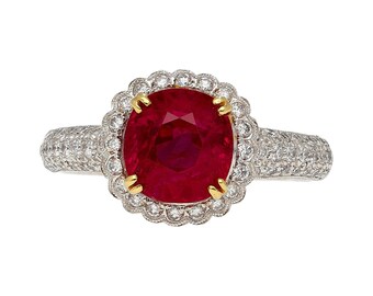 Gubelin Certified 3.02 Carat Cushion Cut Burma Ruby & Round Cut Diamond Ring in Platinum, 3 Carat Burma Ruby Platinum Ring 6-Prong