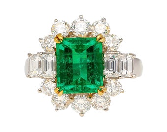 4.42 Carat TW Colombian Emerald with Round & Emerald Cut Diamonds Sides in 18K White Gold, Dark Green Colombian Emerald and Diamond Ring