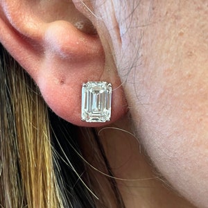IGI Certified 4 Carat Each Emerald Cut Stud Earrings, Emerald Cut Lab Diamond Stud Earrings, Big 8 Carat Lab Diamond Stud Earrings