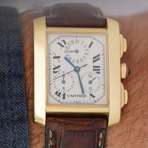 Cartier Tank Francaise Chronograph Xl in 18K Yellow Gold Case and Brown Alligator Leather Strap Quartz Watch with Box and Papers