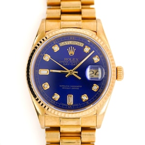Vintage Rolex Day-Date 36mm 18038 Night Blue Diamond Dial 18K Gold Watch on President Bracelet
