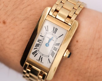 Vintage Cartier 20mm Tank Americaine 18k Yellow Gold Ladies Quartz Watch Ref. 2482 With Box and Papers