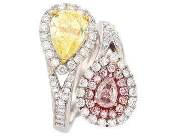 GIA Certified Fancy Intense Yellow and Fancy Light Pink Natural Diamond Toi Et Moi Ring in 18K White Gold | Fancy Yellow & Pink Diamond Ring