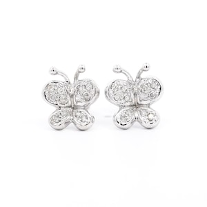 14K Solid White Gold Natural Diamond Butterfly Stud Earring / Butterfly Stud Earrings / Push Back Round Cut Real Diamond Studs, 0.24-0.33 CT