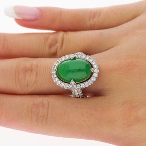 Natural 7.29 Carat Oval Cut Green Jade &quot;A&quot; Ring with Round Cut Diamond Halo and Side Stones in 18K White Gold / Floating Jade Ring