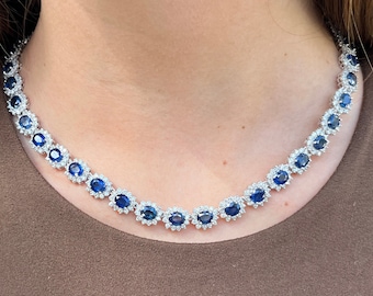 36 Carat Oval Cut Blue Sapphire & 9.6 Carat Diamond Halo Choker in 18K White Gold | No Heat Blue Sapphire and Diamond Halo Choker Necklace