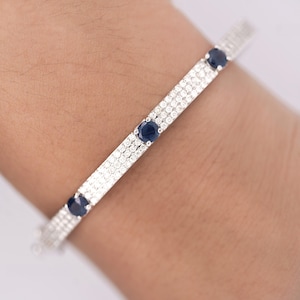 14k White Gold Diamond and Blue Sapphire Pave Bangle Bracelet