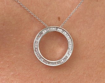 Circle Diamond Pendant in 14k white gold / Baguette Diamonds in circle shape pendant / Empty center Circular Natural Diamond Necklace