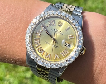 3 Carat Round Diamond Bezel Rolex DateJust 16013 | Gold Dial and Diamond Roman Numerals in Jubilee Strap | Two Tone Rolex Diamond Datejust