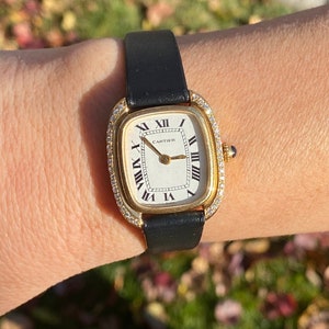 Ladies Vintage Cartier Gondole with Diamond bezel, Ladies Cartier Vintage watch with Cartier Diamond bezel and leather strap- Cartier watch