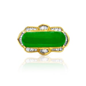 Vintage Natural Jade Ring with Diamonds in 18k Solid Gold Ring setting, 18k Gold Ring with Long Jade Ring and Diamond Sidestones, Jade Ring
