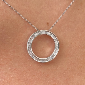 Circle Diamond Pendant in 14k white gold / Baguette Diamonds in circle shape pendant / Empty center Circular Natural Diamond Necklace