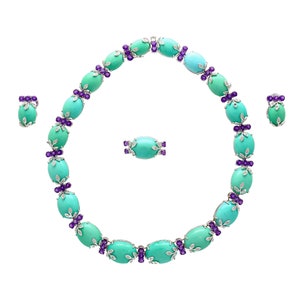 Vintage Turquoise, Amethyst, Diamond Ring, Earring, and Necklace Jewelry Set | 18K White Gold Floral Turquoise Gem Jewelry Set