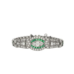 Vintage Art Deco Old Euro Cut Diamond and Emerald Bracelet in Platinum | Original Vintage Art Deco Platinum Diamond Cluster Bracelet