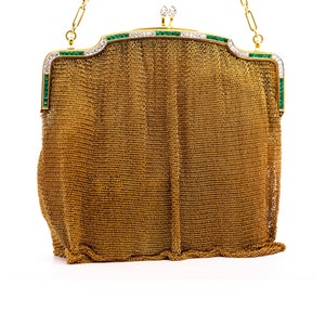 Art Deco 18K Gold Evening Bag With Diamond and Emerald Frame / Vintage Art Deco Era 18K Gold Evening Bag / Antique Emerald & Diamond Purse