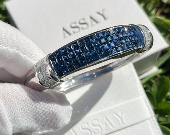 Invisible Set Square Blue Sapphire and Princess Cut Diamond Bangle Bracelet in 14Kt White Gold | 19 Carats Total Blue Sapphire and Diamonds