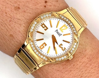 Piaget Polo para mujer, esfera plateada de 32 mm en oro amarillo de 18 k con bisel de diamantes y documentos certificados originales Piaget, reloj Piaget para mujer de 18 k