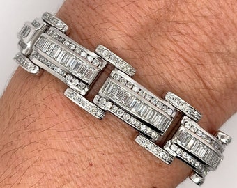 18K White Gold 12.72 CTW Channel Set Baguette & Round Diamond Bracelet | Horizontal Multi Link Bracelet