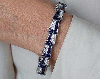 Vintage Art Deco Platinum Set Blue Sapphire & Diamond Mirrored Link Bracelet | Baguette Cut Sapphire and Round Diamond Alternating Bracelet