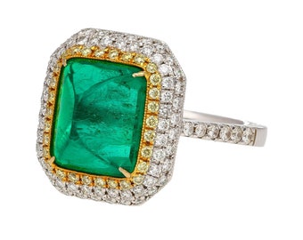 4.49 Carat Sugar Loaf Cabochon Cut Colombian Emerald and Double Diamond Halo Ring in 18k Two Tone Solid Gold | Pyramid Cut Emerald Ring