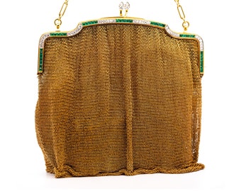 Art Deco 18K Gold Evening Bag With Diamond and Emerald Frame / Vintage Art Deco Era 18K Gold Evening Bag / Antique Emerald & Diamond Purse