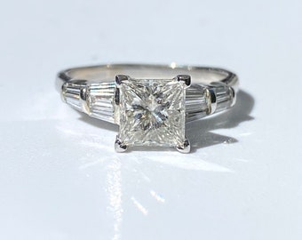 Princess Cut Natural Diamond Engagement Ring, 14k White Gold Natural Diamond Engagement Ring with baguette cut sidestones, G-E color Si2-I1