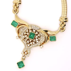 Vintage 5 Carat Emerald and Diamond Necklace in 14K Yellow Gold / Vintage Retro Emerald & Diamond Chandelier Necklace
