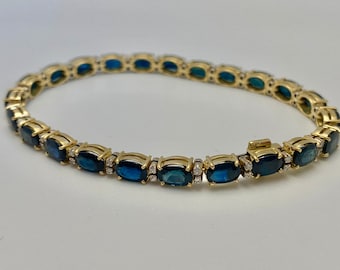 Blue Sapphire Tennis Bracelet, Oval Cut Natural Dark Blue Sapphire Tennis Bracelet in 14k yellow gold, Blue Gemstone Gold Tennis Bracelet