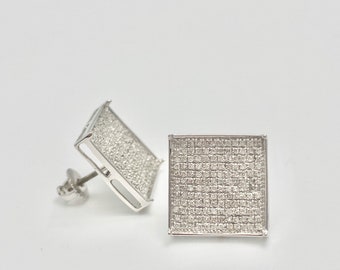 14k White Gold Square Stud Earrings / Natural Diamond Square Stud Earrings / Mircoset Natural Diamond Earrings / Genuine Diamond Earring