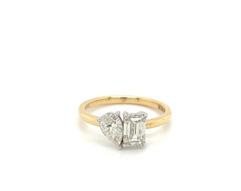 Anillo Toi Et Moi de oro de 18 quilates con diamantes de talla pera y esmeralda, anillo Toi Et Moi 'You and Me' con diamantes cultivados en laboratorio en oro amarillo de 18 quilates, anillo de 2 piedras