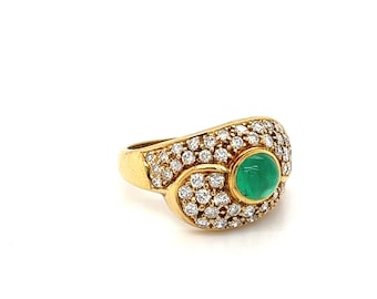 Anillo de oro amarillo de 18 k con esmeralda natural en cabujón de 1 quilate, anillo de esmeralda "Toi Et Moi", anillo vintage de esmeralda con racimo de diamantes y trébol.