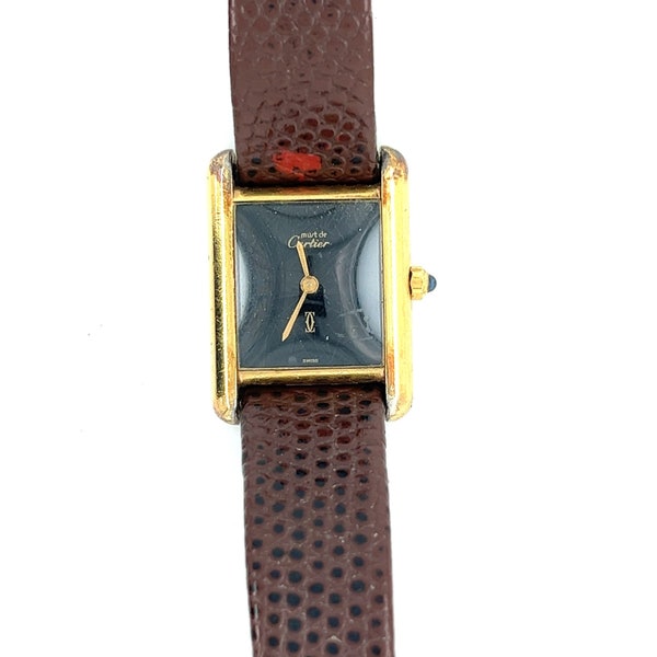 Cartier Vermeil Tank Quartz Argent 3 66001 with Leather Strap and Black Dial With No Numeral | Vintage CARTIER watch