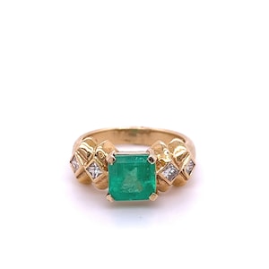 1.84 carat Colombian Emerald 14k Yellow Gold Ring, Vintage Natural Emerald Art Deco Ring, Emerald Cut Colombian Emerald Ring in 14k Gold