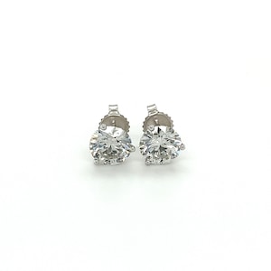 4 Carat Lab Grown Diamond CVD Stud Earrings in 3-Prong 14K Solid White Gold Push-back Closure / 2 Carat Each Round Lab Diamond Earrings