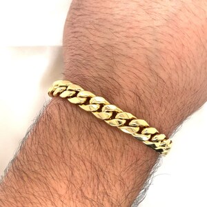14 Karat Yellow Gold Real Miami Cuban Flat Link Chain Bracelet of 9mm and 7.5 inches with Lobster Closure, Unisex Miami Cuban Chain