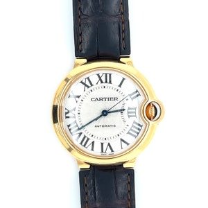 Cartier Ballon Bleu 36mm Automatic 3003 in Leather Strap With Box & Papers, Unisex Cartier 18K Yellow Gold Ballon Watch Round White Dial