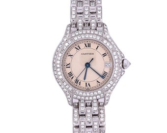 Vintage Cartier Ladies Watch with Round Diamonds in 18k White Gold, Cartier 28mm Watch in 18k White Gold and Diamonds, Cartier Diamond Watch