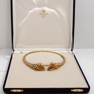 Natural Diamond and Sapphire 18K gold leopard choker, 18k yellow gold panther choker with round diamonds - sapphires, Leopard Animal choker