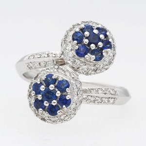 Blue Sapphire Ring, Art Deco Sapphire Statement Ring, Sapphire/Diamond Ring set in 18k White Gold, Natural Sapphire