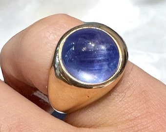 13.83 Carat No Heat Sri Lanka Blue Star Sapphire Bezel 18K Yellow Gold Mens Ring, Solitaire Cabochon Star Sapphire Ring