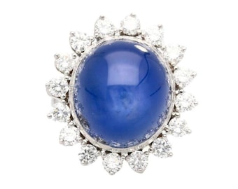 AGL Certified No Heat 30 Carat Ceylon Blue Star Sapphire & Diamond Platinum Ring / Star Sapphire Diamond Halo Platinum Ring