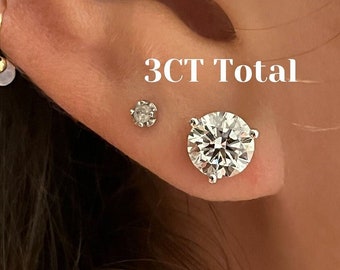 3ct Lab-Created Diamond Stud Earrings – 14k White Gold, Round Cut Solitaire, Screw Back