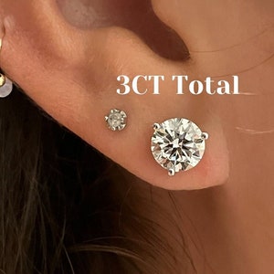3 Carat Round Cut Diamond Stud Earrings in 14K White Gold 3-Prong Martini Setting | 3 CT total (1.5 Carat Each) Lab Grown Diamond 7.5mm