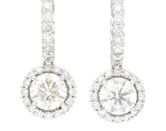 GIA Certified 3.7 Carat TW Natural Diamond Dangle-Drop Earrings & Halo in 18K White Gold Latch Back Closure, 1.5CT Each Diamond Drop Earring