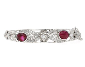 Vintage Art Deco Red Tourmaline and Diamond Bangle Bracelet in 14K White Gold | Vintage Filigree Regal Multi-stone Bangle Bracelet