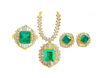 Colombian Emerald Earring, Necklace, and Ring Set / 14k yellow gold / Natural Colombian Emerald and Diamond Necklace, Earring, and Ring Set