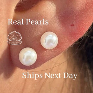 Pearl 6mm Stud Earrings, Japanese Cultured Natural White Pearl Stud Earring, White Gold Plated Real Pearl Studs for Earlobe-Tragus-Cartilage